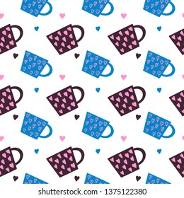Seamless crockery vector pattern on white background. Hand drawn utensil. Perfect for wallpaper or fabric. Blue and purple tea cups with pink, blue and purple hearts. Tea party