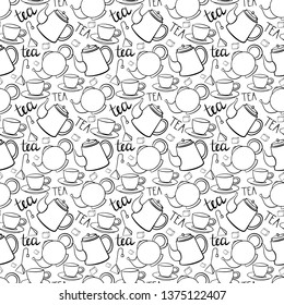 Seamless crockery vector pattern on white background. Hand drawn utensil in inky style. Perfect for wallpaper or fabric. Black and white illustration. Hand written phrase. Tea party.
