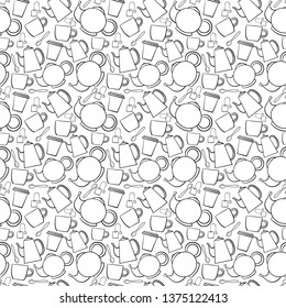Seamless crockery vector pattern on white background. Hand drawn utensil in inky style. Perfect for wallpaper or fabric. Black and white illustration. Tea party