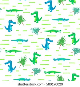 Seamless crocodile kid cartoon vector pattern. Blue and green alligator background.