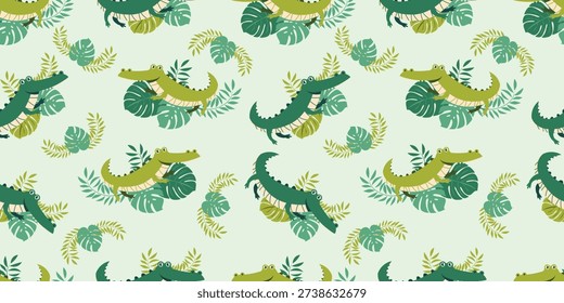 Seamless crocodile pattern featuring playful green crocodiles combined with tropical jungle leaves on a soft background