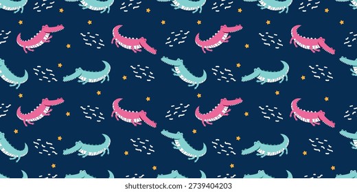 Seamless crocodile pattern featuring playful green crocodiles combined with tropical jungle leaves on a soft background