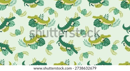 Seamless crocodile pattern featuring playful green crocodiles combined with tropical jungle leaves on a soft background