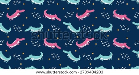Seamless crocodile pattern featuring playful green crocodiles combined with tropical jungle leaves on a soft background