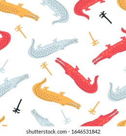 Seamless crocodile pattern on white background. Vector illustration for printing on fabric, packaging paper, Wallpaper. Cute children's background.