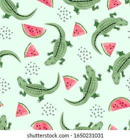 Seamless crocodile pattern with watermelon slices. Vector abstract trendy background.