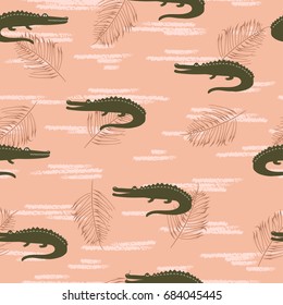 Seamless crocodiles pattern. Vector pink tropical background with palm leaves and alligators.