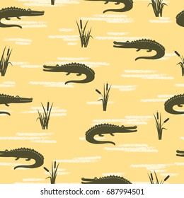 Seamless crocodiles pattern. Vector yellow background with cattails and alligators.