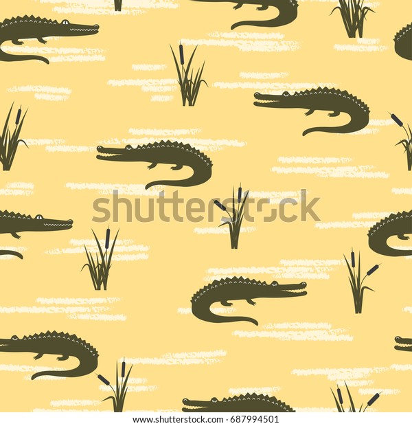 Seamless crocodiles pattern. Vector yellow\
background with cattails and\
alligators.
