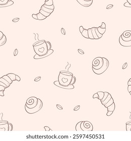 Seamless croissant coffee pattern. Cafe background, delicious fresh bakery. Vector illustration.