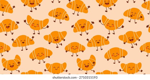 Seamless Croissant Pattern With Cute Happy Pastry Characters On Soft Peach Background In Playful Food And Bakery Style