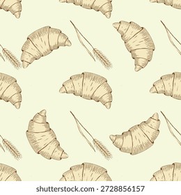 Seamless croissant pattern with hand drawn wheat elements. Vintage bakery illustration in line art style for food packaging, cafe branding, pastry background and organic bakery design.