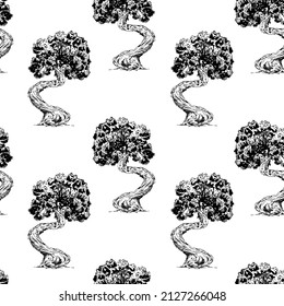 Patrón de árbol cruzado sin inconvenientes en un estilo gráfico.Esbozo de un árbol aislado en fondo blanco.Ilustración vectorial.