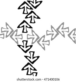 Seamless cross pattern with arrows , doodles,  object, sign,  , symbol, hole, spots, copy space. Hand drawn.