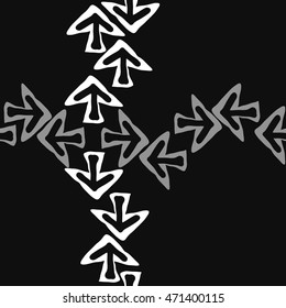 Seamless cross pattern with arrows , doodles,  object, sign,  , symbol, hole, spots, copy space. Hand drawn.