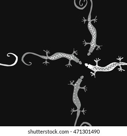 Seamless  cross  pattern with lizards, reptile, zigzag, object, ellipses,  copy space . Hand drawn.