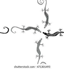 Seamless  cross  pattern with lizards, reptile, zigzag, object, ellipses,  copy space . Hand drawn.