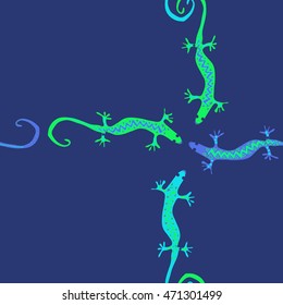 Seamless  cross  pattern with lizards, reptile, zigzag, object, ellipses,  copy space . Hand drawn.