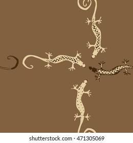 Seamless  cross  pattern with lizards, reptile, zigzag, object, ellipses,  copy space . Hand drawn.