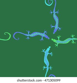 Seamless  cross  pattern with lizards, reptile, zigzag, object, ellipses,  copy space . Hand drawn.