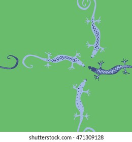 Seamless  cross  pattern with lizards, reptile, zigzag, object, ellipses,  copy space . Hand drawn.
