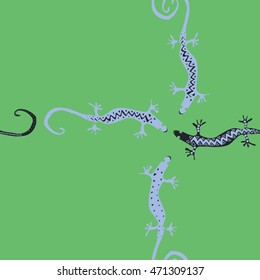 Seamless  cross  pattern with lizards, reptile, zigzag, object, ellipses,  copy space . Hand drawn.
