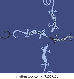 Seamless  cross  pattern with lizards, reptile, zigzag, object, ellipses,  copy space . Hand drawn.