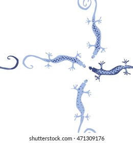 Seamless  cross  pattern with lizards, reptile, zigzag, object, ellipses,  copy space . Hand drawn.
