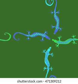 Seamless  cross  pattern with lizards, reptile, zigzag, object, ellipses,  copy space . Hand drawn.