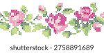 Seamless Cross Stitch Floral Border Vector Pink Rose Embroidery Lace Pattern Cottagecore Vintage Ornament