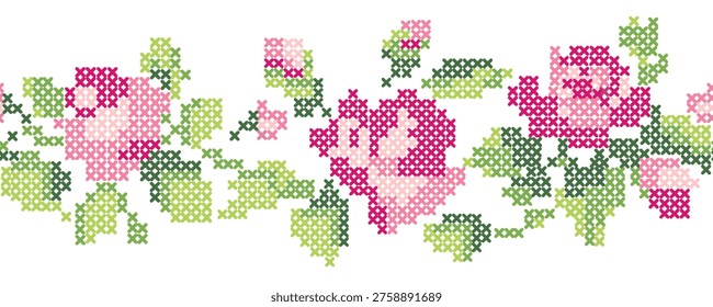 Seamless Cross Stitch Floral Border Vector Pink Rose Embroidery Lace Pattern Cottagecore Vintage Ornament