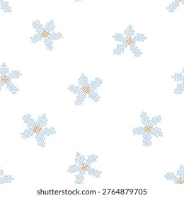 Seamless Cross Stitch Floral Pattern Blue Daisy Embroidery Minimal Baby Nursery Textile Background Vector