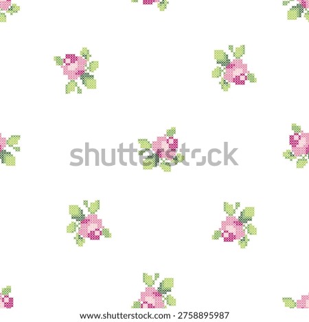Seamless Cross Stitch Floral Pattern with Small Pink Roses, Vintage Cottagecore Embroidery Background Vector