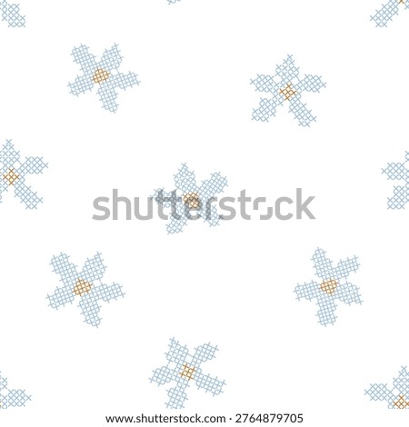 Seamless Cross Stitch Floral Pattern Blue Daisy Embroidery Minimal Baby Nursery Textile Background Vector