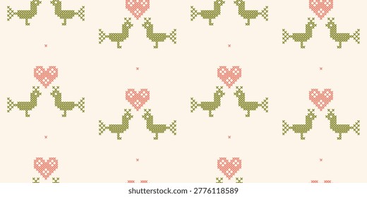 Seamless cross stitch pattern featuring green folk art birds and pink hearts on a cream background