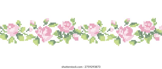 Seamless Cross Stitch Rose Border Floral Embroidery Lace Pattern Vintage Cottagecore Vector