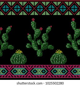 Seamless cross stitches cactuses floral pattern on black background