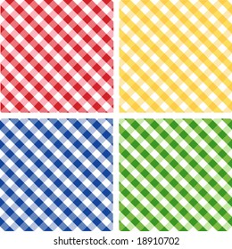 Seamless Cross weave Gingham Pattern Tiles: red, yellow, green, blue. EPS includes four pattern swatches that will seamlessly fill any shape.