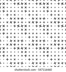 Seamless cross ( x, plus ) pattern, vector texture. Chaotic black and white geo, geometric background. Psychedelic motif. Halftone, grunge background. Vector fabric print. 