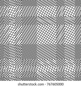 Seamless crosshatch line pattern, checkered matter, distress black and white seamless background, trendy fabric print, monotone, monochrome vetor pattern, seamless trellis pattern