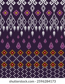 Seamless Cross-Stitch design pattern on dark background. Geometric ethnic oriental embroidery traditional.Aztec style, abstract vector illustration. Design for texture,fabric,clothing,print, Asia.
