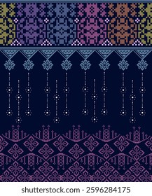 Seamless Cross-Stitch design pattern on dark background. Geometric ethnic oriental embroidery traditional.Aztec style, abstract vector illustration. Design for texture,fabric,clothing,print, Asia.