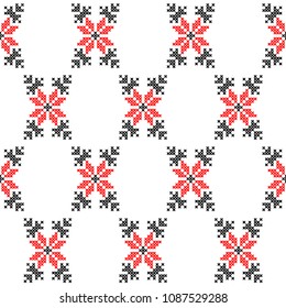 Seamless cross-stitch ethnic Ukraine pattern in black and red colors on the white background. Vector.