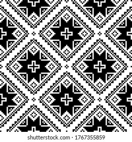 Seamless cross-stitch folk art vector pattern inpired by traditional embroidery designs form Ukraine and Belarus.  
Ethnic Ukrainian and Belarusian background in black and white, Slavic art