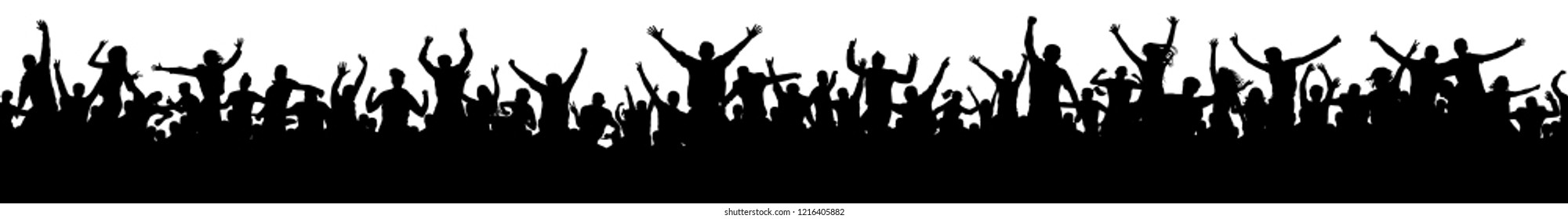 Seamless crowd of fun people on party, holiday. Cheerful people having fun celebrating. Sporting event. Applause people hands up. Silhouette Vector Illustration