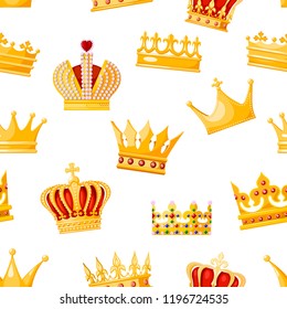 Seamless crown monarchs on a white background. Isolated regalia of the king, queen, princess, prince. Subjects of coronation and power. Vector illustration