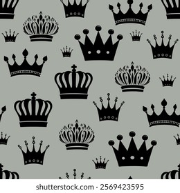 Seamless Crown Pattern in Black on Gray Background. Monochrome Royal Crown Design with Elegant Styles. Black Crown Silhouettes Repeating on Gray Background