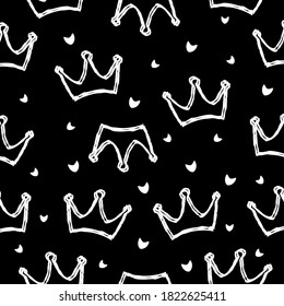 Patrón de corona sin foco sobre fondo negro. Dibujo de lujo vectorial doodle.