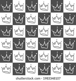 Seamless crown pattern on white and black square for texture, textiles, and simple backgrounds. Flat Style