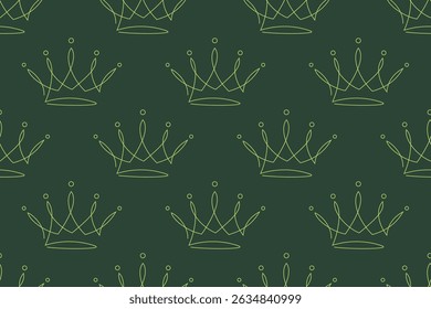 Padrão de coroa sem emenda com desenhos amarelos de uma linha sobre fundo verde. Estilo real, chique e elegante para tecido, moda e design decorativo.

